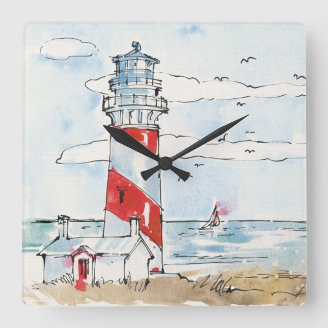 Red and White Lighthouse Scene Square Wall Clock (Front)