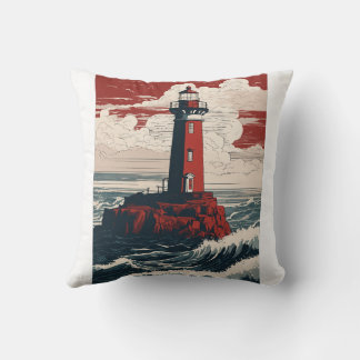 Red and White Lighthouse Standing on a Rocky Outcr Throw Pillow