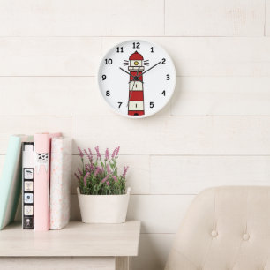 Red and white lighthouse watchtower wall clock