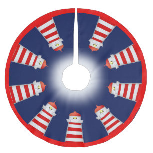 Red and White Lighthouses on Navy Blue Brushed Polyester Tree Skirt