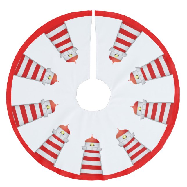 Red and White Lighthouses on White Brushed Polyester Tree Skirt (Front)