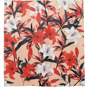 Red and white Lily flowers botanical seamless patt