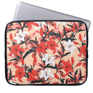Red and white Lily flowers botanical seamless patt Laptop Sleeve