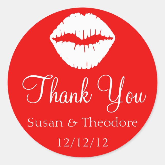 Red and White Lips Thank You Classic Round Sticker (Front)