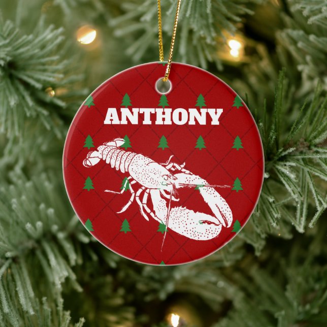 Red and White Lobster Personalized Christmas Ceramic Ornament (Tree)