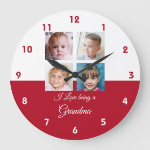 Red and white love being a grandma photos large clock