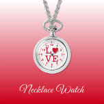 Red and white Love Necklace Watch<br><div class="desc">Necklace Watch gift.
With the word 'love' and a heart shape replacing the letter O.
Red and white</div>
