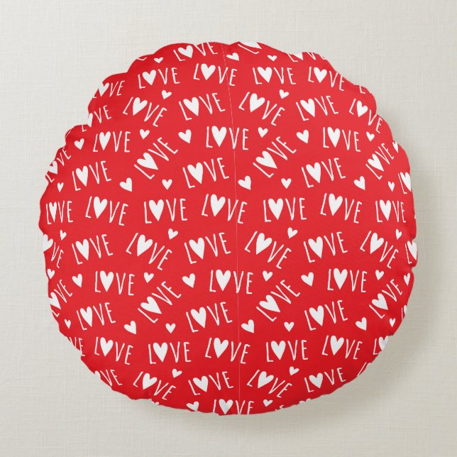 Red and White LOVE Script Round Pillow (Front)