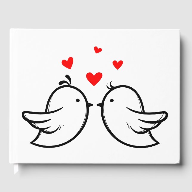 Red And White Lovebirds & Hearts - Wedding Party Guest Book (Front)