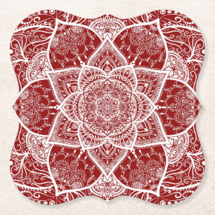 Red and White Mandala - Loergann in Raspberry Paper Coaster