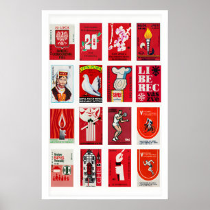 Red and White Matchbox Label Collage, vintage Poster