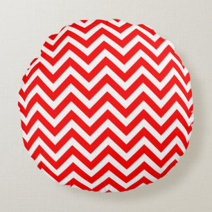 Red and White Medium Size Chevron Stripes Round Pillow