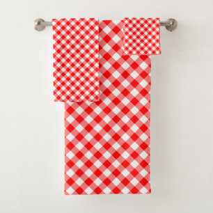 Red and White Medium Size Diagonal Gingham Checks Bath Towel Set
