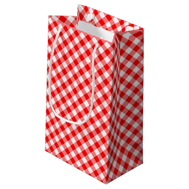Red and White Medium Size Diagonal Gingham Checks Small Gift Bag (Back Angled)