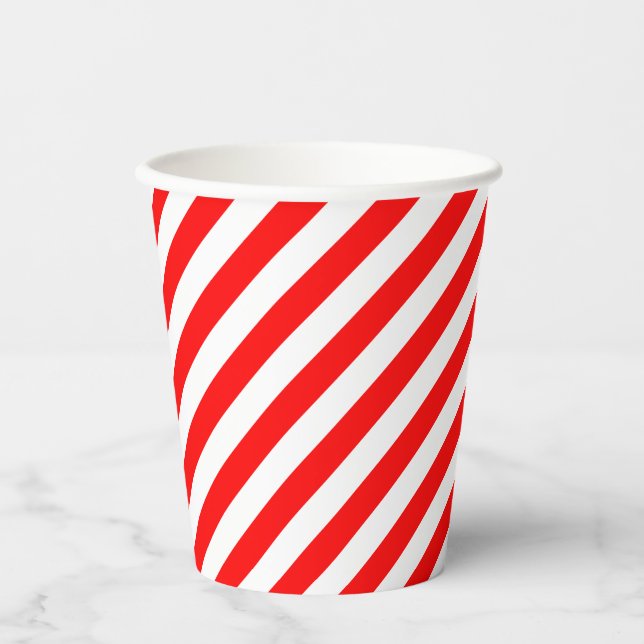 Red and White Medium Size Diagonal Stripes Paper Cups (Front)