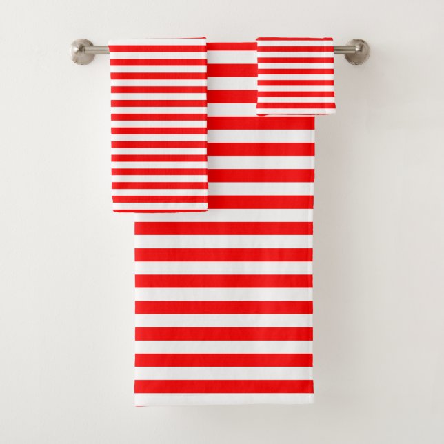 Red and White Medium Size Horizontal Stripes Bath Towel Set (Insitu)