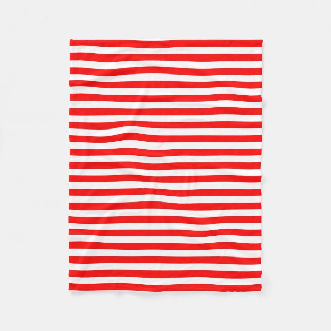 Red and White Medium Size Horizontal Stripes Fleece Blanket (Front)