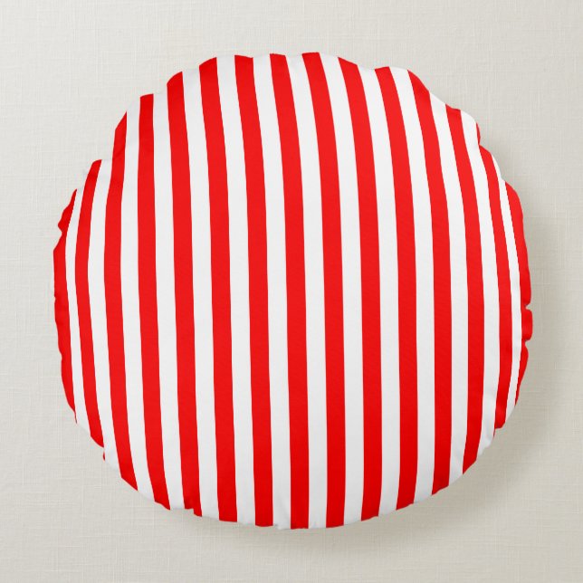 Red and White Medium Size Stripes Round Pillow (Front)