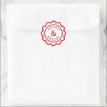 Red and White Merry & Bright Scallop Christmas Classic Round Sticker<br><div class="desc">Festive and fun, this small round sticker features editable text that reads "Merry and Bright" within a circle scallop shape. It's an easy choice to close envelopes or add to gifts and holiday party favours with the classic colour combination of cherry red and white for that classic Santa on Christmas...</div>