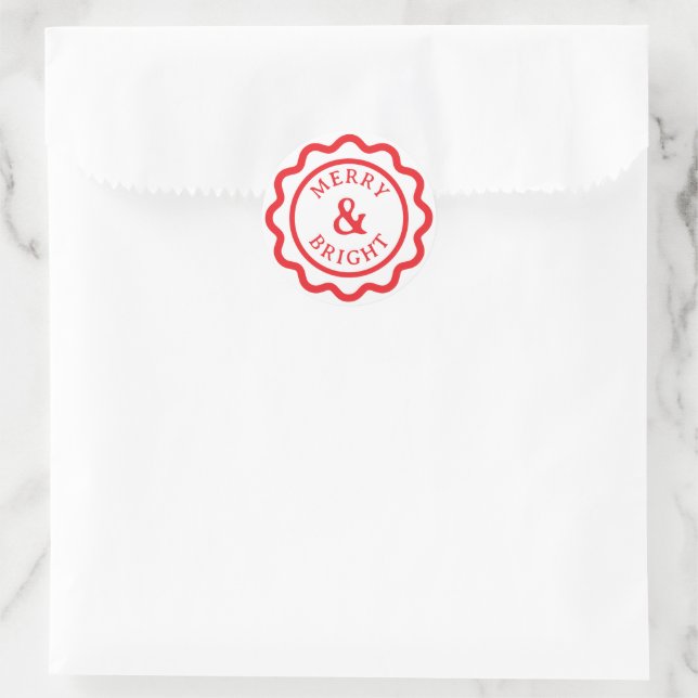 Red and White Merry & Bright Scallop Christmas Classic Round Sticker (Bag)