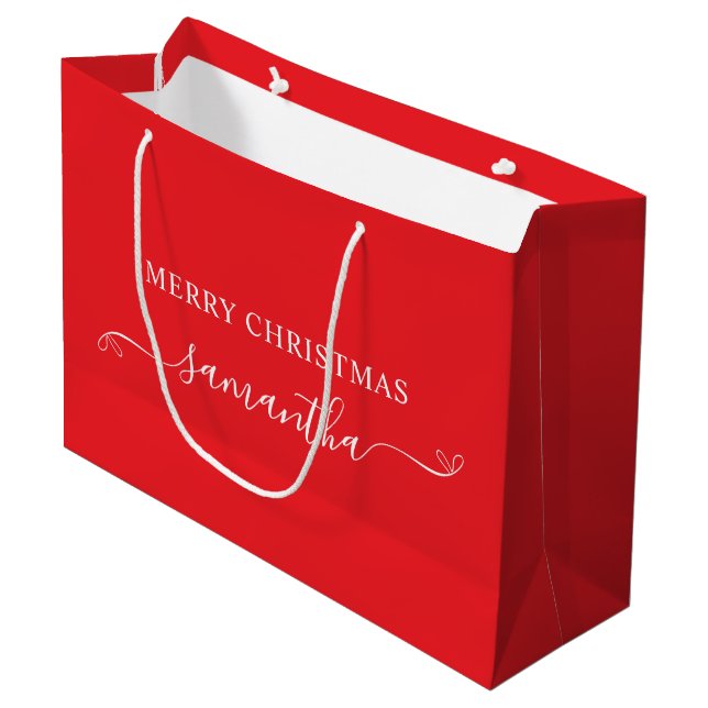 Red and White Merry Christmas Bow Signature Name Large Gift Bag (Front Angled)