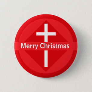 Red and White Merry Christmas Christian Cross 2 Inch Round Button
