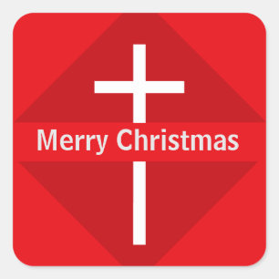 Red and White Merry Christmas Christian Cross Square Sticker