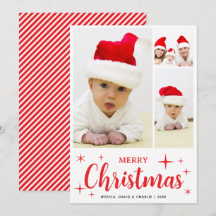 Red and White Merry Christmas Family Photo Collage Holiday Card