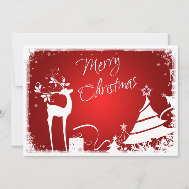 Red and White Merry Christmas Tree with Deer Card (Front)