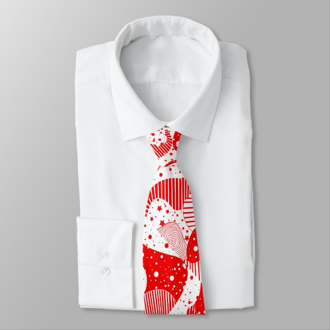 Red And White Modern Abstract Geometric Art Tie (Tied)