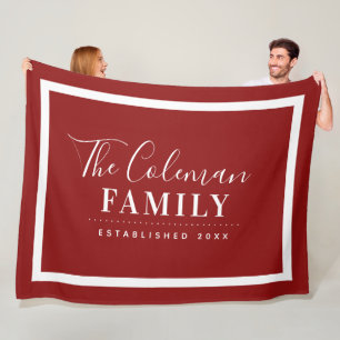 Red and White Modern Farmhouse Family Monogram Fleece Blanket