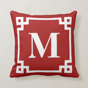 Red and White Modern Greek Key Border Monogram Throw Pillow