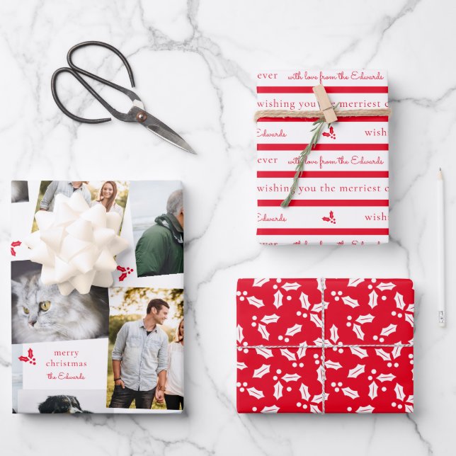 Red and White Modern Holly Sprig Wrapping Paper Sheet (Front)