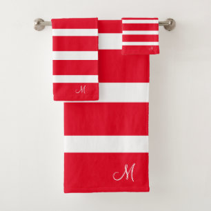 Red and White Modern Stripes Monogrammed Bath Towel Set