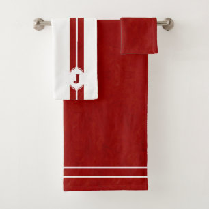 Red and White Monogram Stripe Bath Towel Set