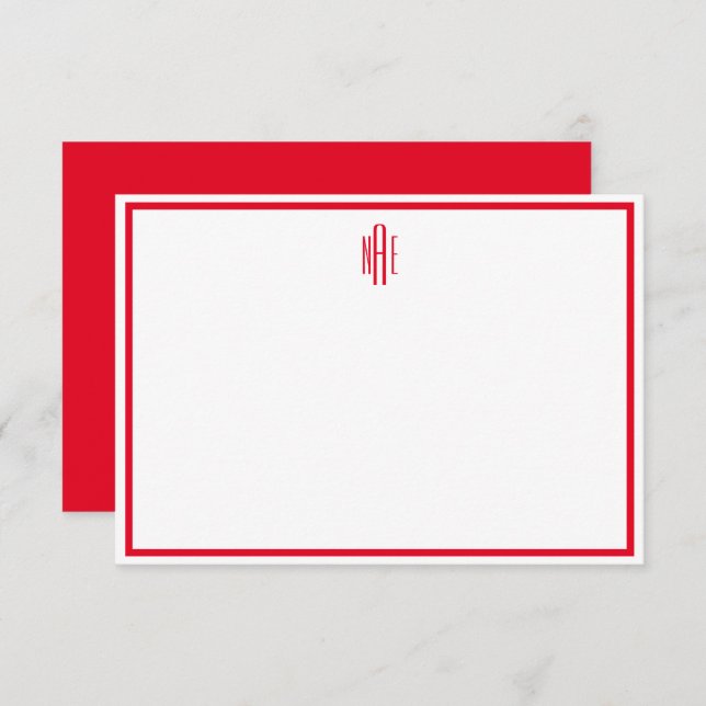 Red and White Monogrammed Flat Note Card (Front/Back)