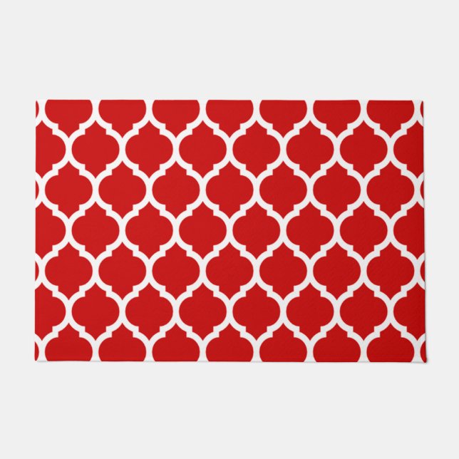 Red and White Moroccan Quatrefoil Pattern Doormat (Front)
