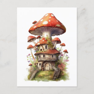Red and white mushroom house postcard