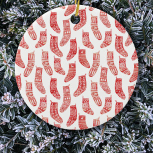 Red and White Nordic Christmas Stockings Ceramic Ornament