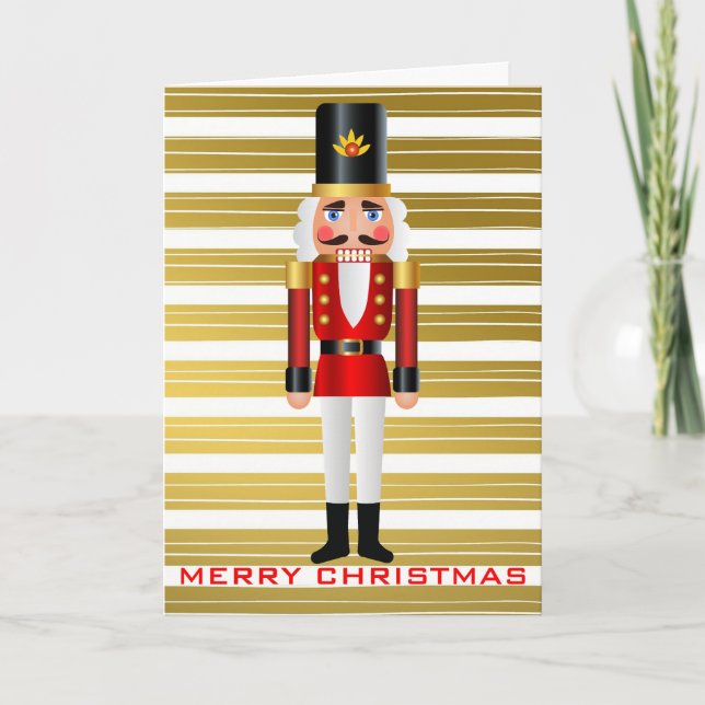 Red and White Nutcracker Gold Stripes Personalize Holiday Card (Front)