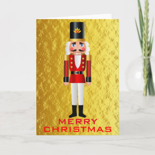 Red and White Nutcracker on Faux Gold Background Holiday Card