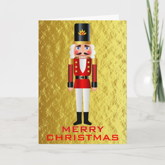 Red and White Nutcracker on Faux Gold Personalize Holiday Card (Front)