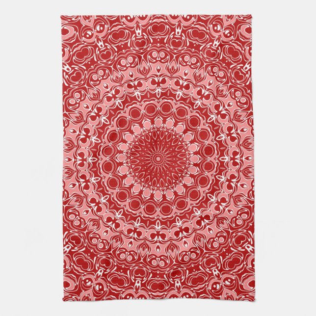 Red and White Ornamental Mandala Pattern Kitchen Towel (Vertical)