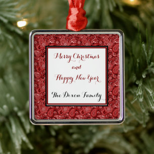 Red and white paisley personalized metal ornament