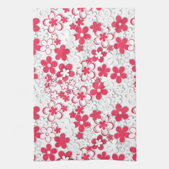 Red and white paper flowers kitchen towel (Vertical)