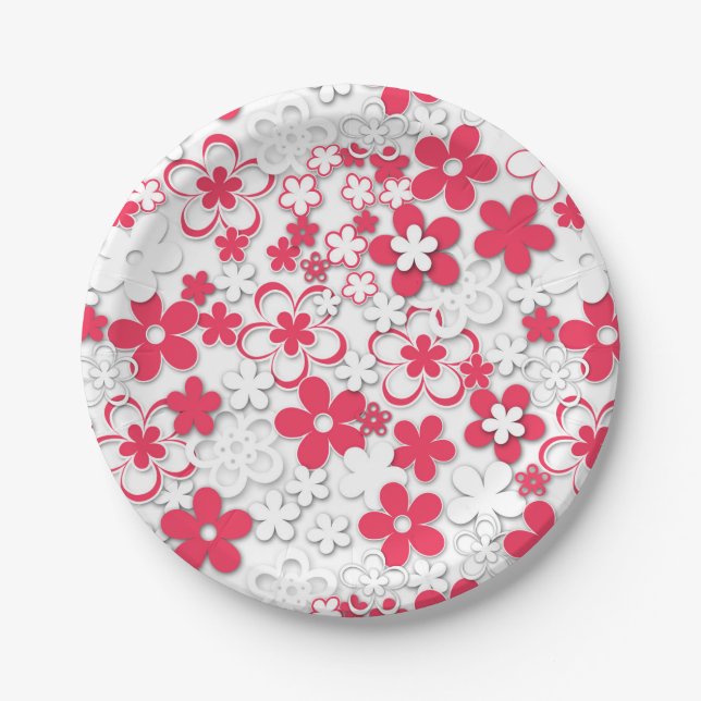 Red and white paper flowers paper plate (Front)