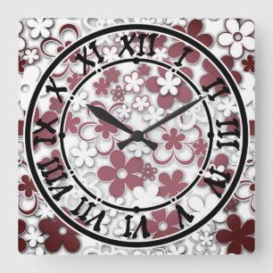 Red and white paper flowers square wall clock