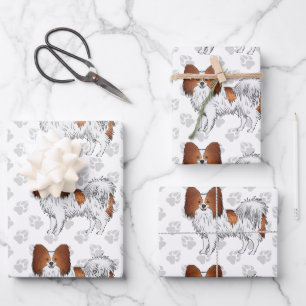 Red And White Papillon Cartoon Dogs With Paws Wrapping Paper Sheet