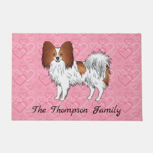 Red And White Papillon Cute Dog On Pink Hearts Doormat
