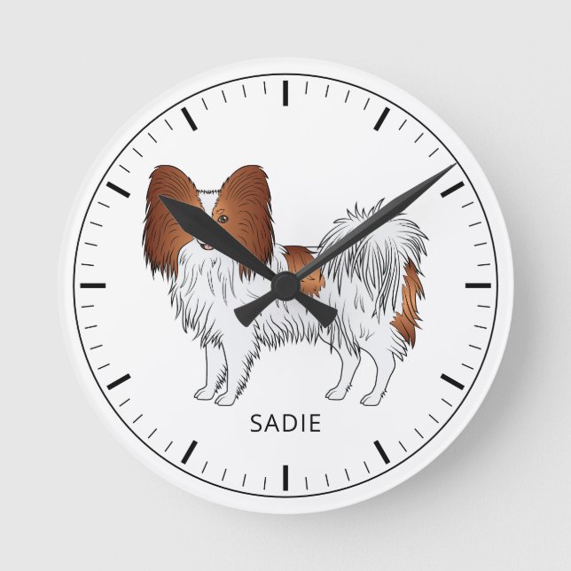 Red And White Papillon Cute Dog With Custom Text Round Clock (Front)